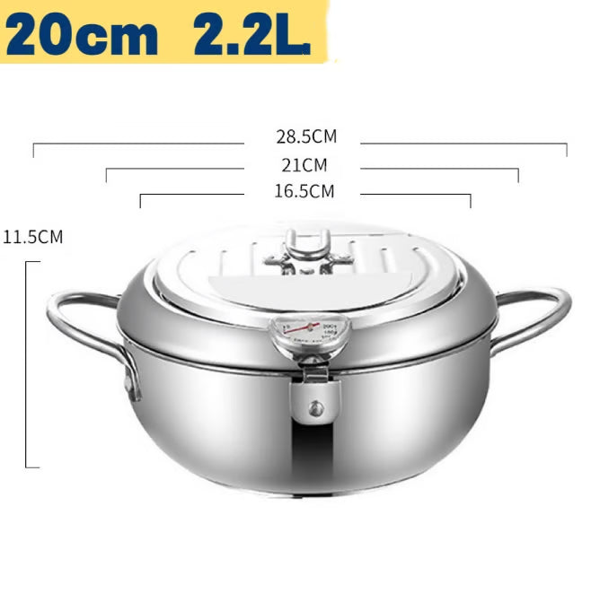 Stainless Steel Frying Pot with Thermometer and Oil Drip Drainer Rack