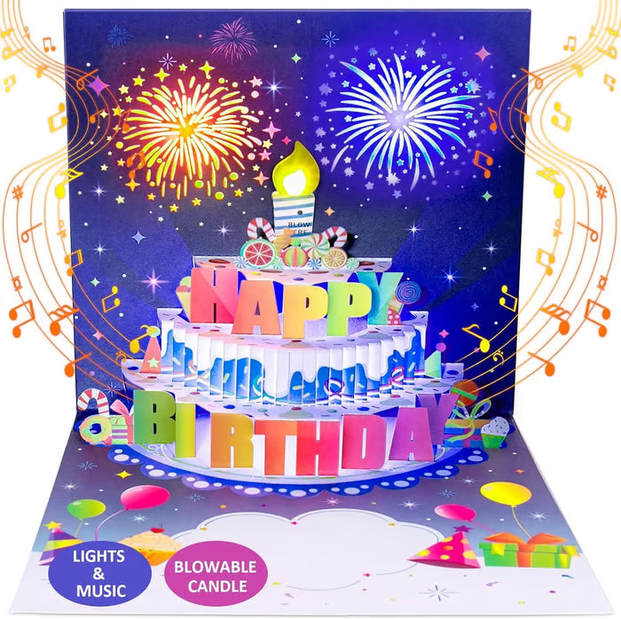 Birthday Cards With Fireworks & Pop Up Cake & Blowable Light and Music