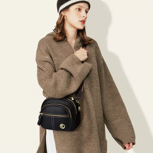 Classic Multifunctional Compartments Adjustable Wide Shoulder Strap Leather Crossbody Bag